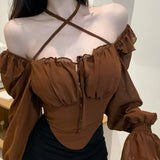 Fairy-grunge Style Blouse with Puff Sleeves and Cross Straps