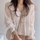 White blouse with V-neck & trumpet sleeves in Korean style