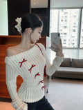 Off-Shoulder Pullover with Ruffles and Red Bows