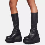 Gothic Mid-Calf Platform Boots with Lacing Chunky Heel