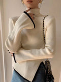 Korean Style Elegant Turtleneck Sweater in Cream with Contrasting Details