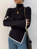 Korean Style Elegant Turtleneck Sweater in Cream with Contrasting Details