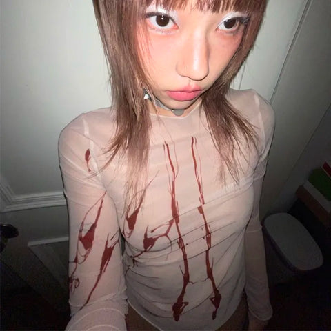 Gothic Grunge Mesh Top with Bloody Accents