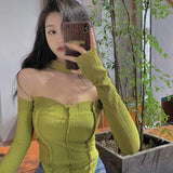 Stylish Long Sleeve Top in Green with Off-Shoulder Design