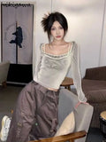 Silver striped short knitted top with long sleeves Korean Casual