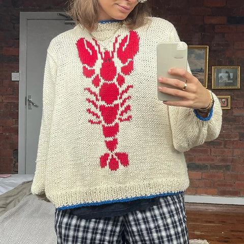 Sweater in 90s Grunge Preppy Style with Lobster Pattern