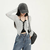 Two-Piece Cardigan & Top Set in Gray with Lacing for E-Girl Style