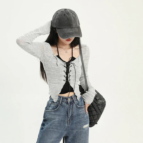 Two-Piece Cardigan & Top Set in Gray with Lacing for E-Girl Style