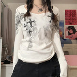 Funky Y2K Long Sleeve T-Shirt with Cross Wings Print
