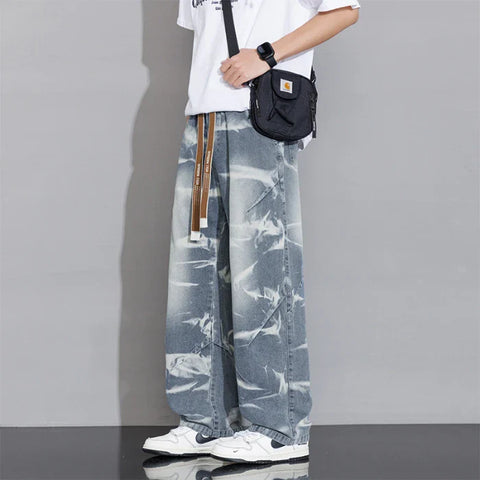 Loose Tie-Dye Jeans for Men with Big Pockets