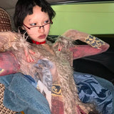 Alternative Grunge-Style Feather Shirt & Mesh Tops