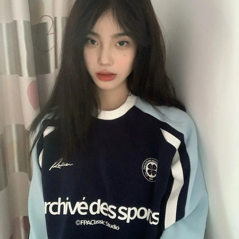 Y2K スウェットシャツ レディース ブルー ブラック オーバーサイズ パッチワーク レタープリント