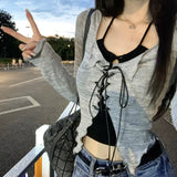Two-Piece Cardigan & Top Set in Gray with Lacing for E-Girl Style