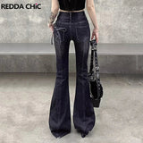 Gothic Flared Jeans with Bows and Raw Edge Hem