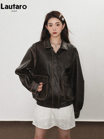 Cool Vintage Brown PU Leather Jacket for a Grungy Look