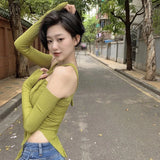 Stylish Long Sleeve Top in Green with Off-Shoulder Design