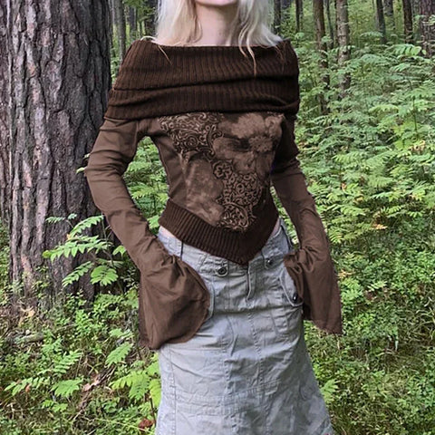 エルダー スラッシュネック ロングスリーブシャツ ヴィンテージパッチワーク ブラウン