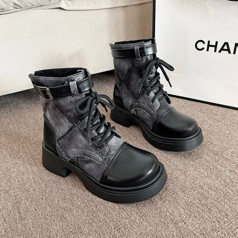 Gothic Leather Ankle Boots with Platform and Lacing