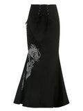 Dragon motif A-line maxi skirt with lace black gothic look for your alternative style**