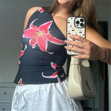 One-Shoulder Floral Pattern Top in 90s Retro Style