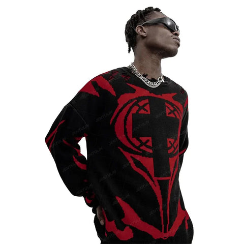 Goth Satan Club Knitted Sweater with Eyelet Details