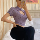 Y2K Kurzarm Crop-Top mit Blumenmuster und O-Ausschnitt