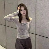 Silver striped short knitted top with long sleeves Korean Casual