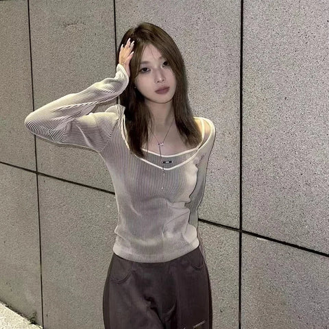 Silver striped short knitted top with long sleeves Korean Casual