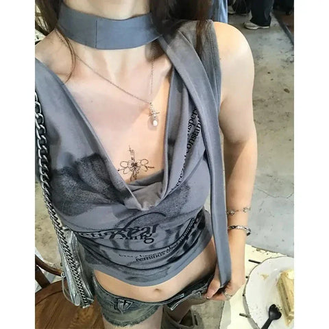 Sexy Korean Cropped Top with Gray Print