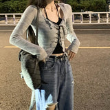 Two-Piece Cardigan & Top Set in Gray with Lacing for E-Girl Style