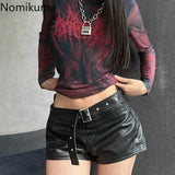 Flowing Long-Sleeve T-Shirt with Gothic Print for the Bold Fashion Woman