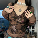 Grunge Patchwork Women's T-Shirt with Long Sleeves and V-Neck