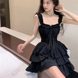 Gothic Black Ruffled Slip Dress Sexy Streetwear in Punk Style for Alternative Fashion Lovers**