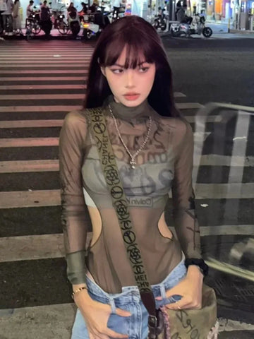 Y2K Graphic Mesh Shirts for Women Slim Fit Transparent Style in Grunge Look
