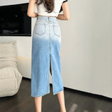 High-waisted asymmetrical denim skirt in gradient design