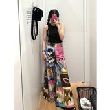 Gothic Y2K Wide Pants for Women with Cat Pattern and Colorful Print