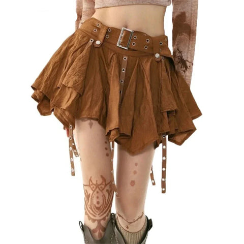 Unconventional fairy grunge mini skirt in brown with studs and ruffle