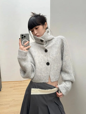 Gray striped cardigan in Korean style crop design