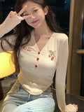 Spring-like V-neck Crop Top with Cherry Embroidery