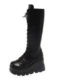 Gothic Mid-Calf Boots with Wedge Heel and Lacing