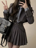 3-piece E-girl Rock Set: Short Coat, Pleated Skirt & Striped Shirt