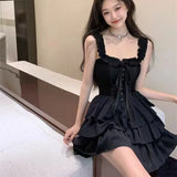 Gothic Black Ruffled Slip Dress Sexy Streetwear in Punk Style for Alternative Fashion Lovers**