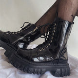 Gothic Biker Combat Boots for Women Elegant Short Shoes in Shiny Black
