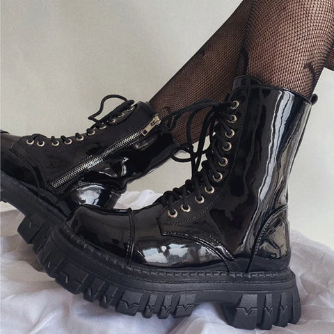 Gothic Biker Combat Boots for Women Elegant Short Shoes in Shiny Black