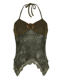 Retro GreenPrint Boho Top Halter Asymmetric