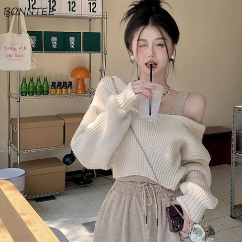 Sweater for Women Beige Cropped Long Sleeve Korean Style