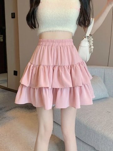 Ruffle Shirt Skirt in Pink High Waist A-Line for a Sweet Kawaii Look in Spring