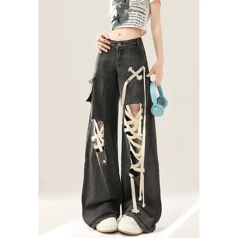 Y2K Oversize Jeans with High Waist and Eye-Catching Cut-Outs
