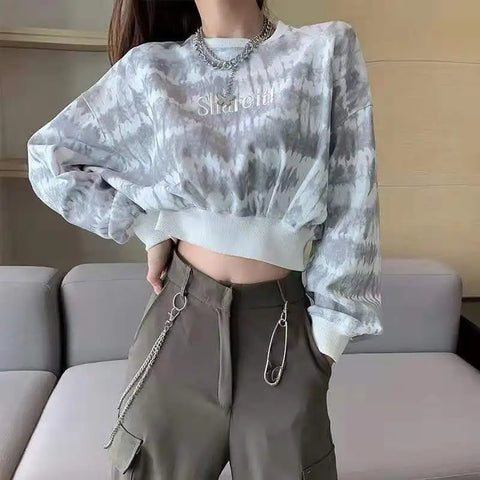 Crop Sweatshirt in E-Girl Style with Gothic Writing and Tie-Dye
