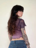 E-girl Crop Top in Lilac with Mesh and Flower Print